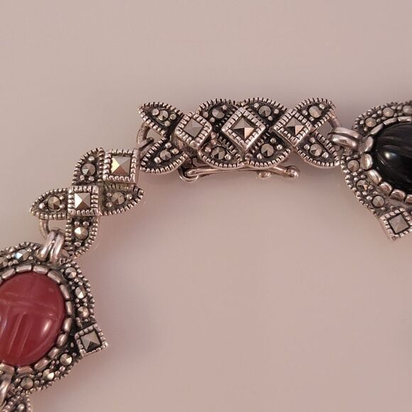 Sterling Multi Stone Cabochon Marcasite Link Bracelet - Picture 4 of 9
